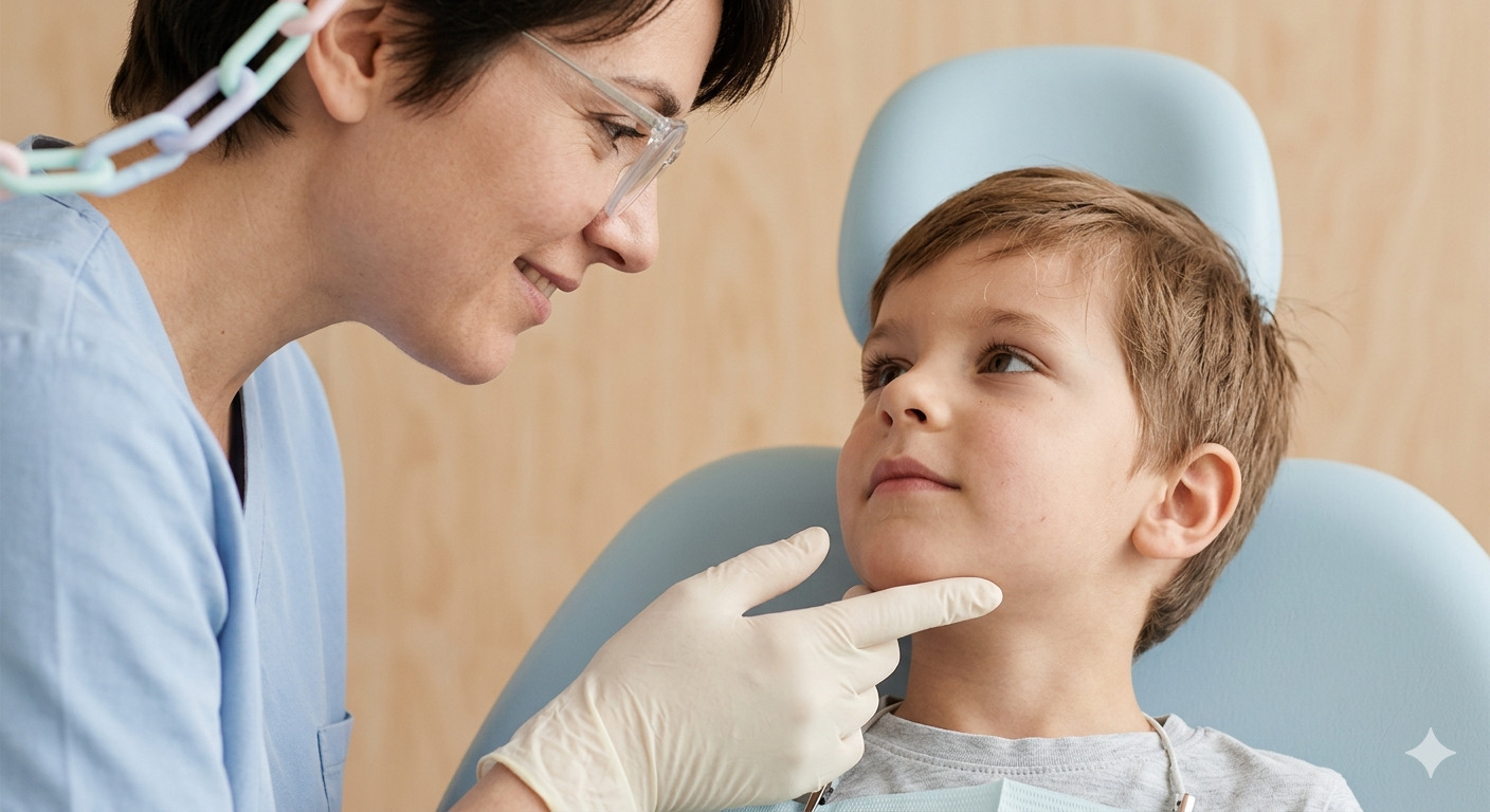 Odontopediatra atendiendo a un niño con calma
